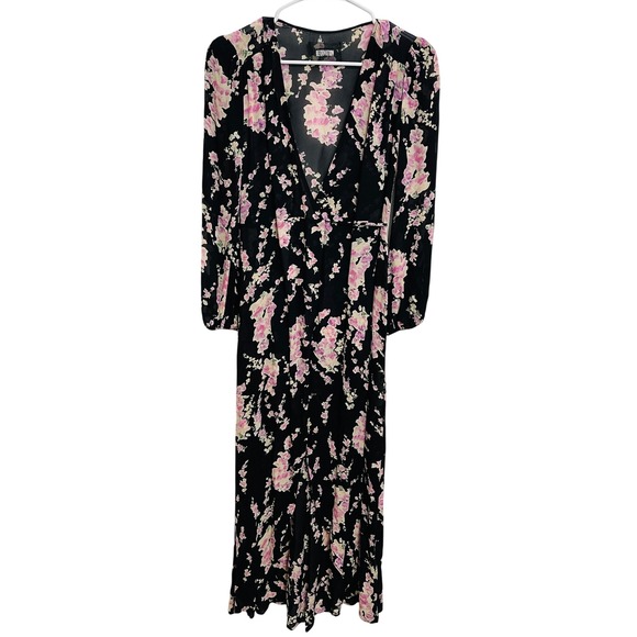 Reformation Black Floral Wrap Maxi Dress Size S Long Sleeve Romantic Cottagecore - Picture 2 of 5